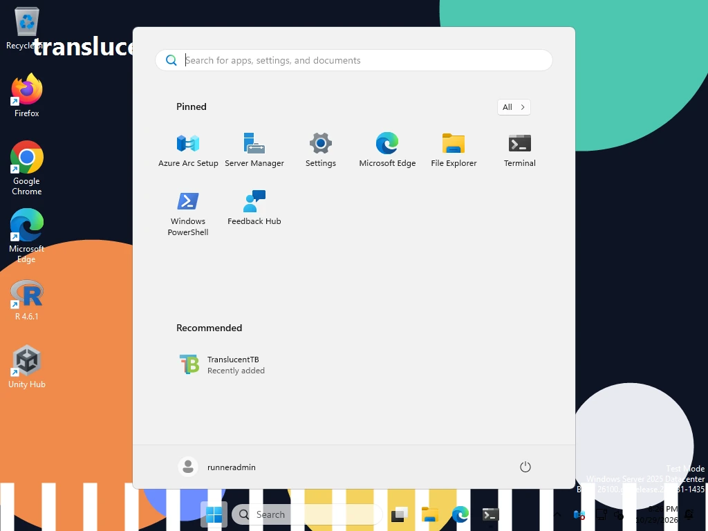 Default settings with Start open on Windows build 26100: the taskbar stays clear, because Start opened is off by default on Windows 11. Note "TranslucentTB, Recently added".