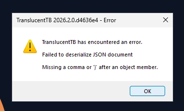 The real dialog for a missing comma in settings.json.