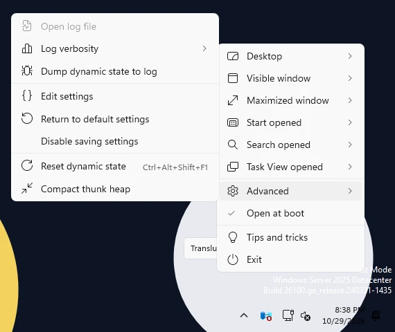 Advanced: Open log file, Log verbosity, Edit settings, Reset dynamic state and more.