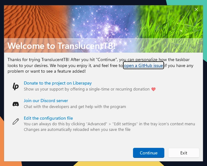 Step 1: the first time TranslucentTB starts, the Welcome page opens. Click Continue.