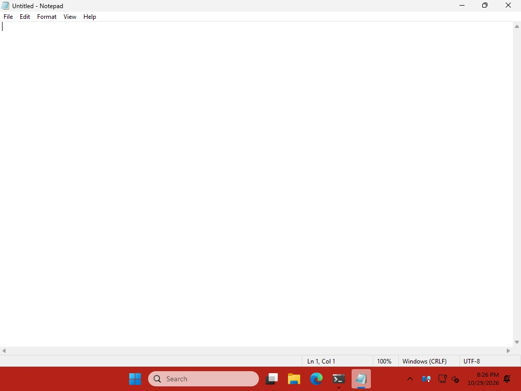 Maximized window enabled (opaque #B42318FF) with Notepad maximized: the taskbar switches to red.