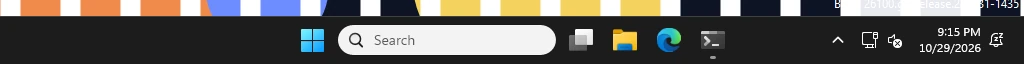 Real Windows taskbar: After setting TaskbarAcrylicOpacity = 0 and restarting Explorer: no visible change on build 26100.