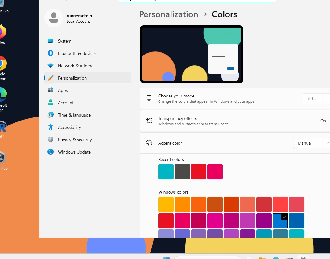 Settings › Personalization › Colors, where Windows' own "Transparency effects" switch lives.