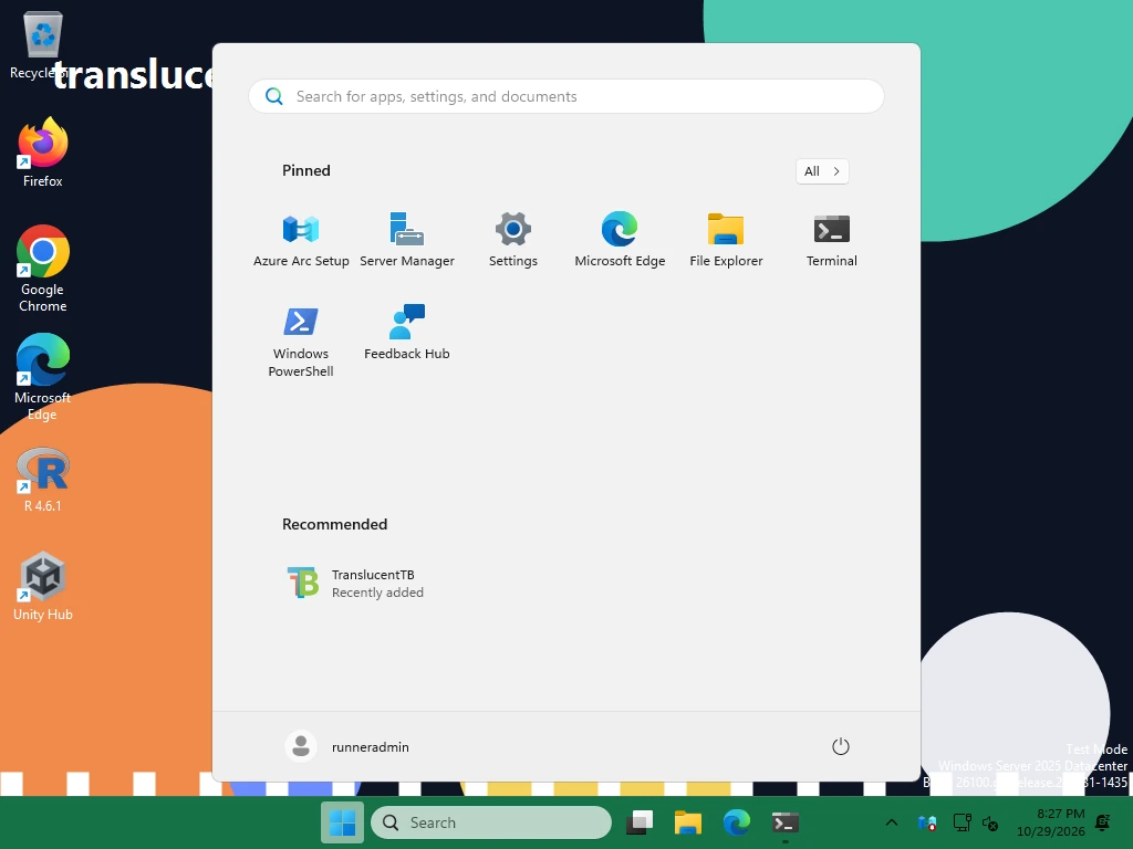 Start opened enabled (opaque green) and the Start menu open: the taskbar turns green.
