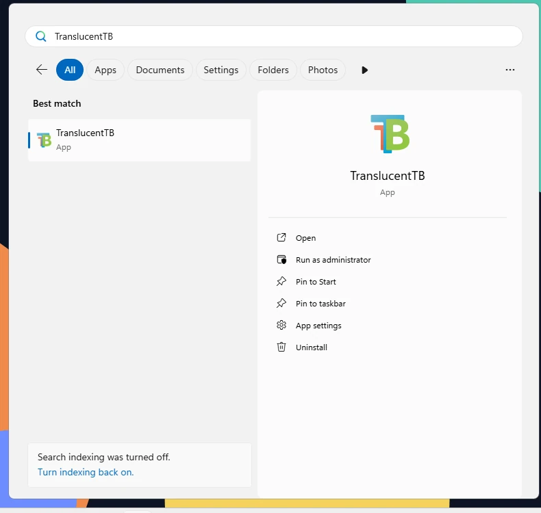 Start menu search after installing: TranslucentTB with Open, App settings and Uninstall.