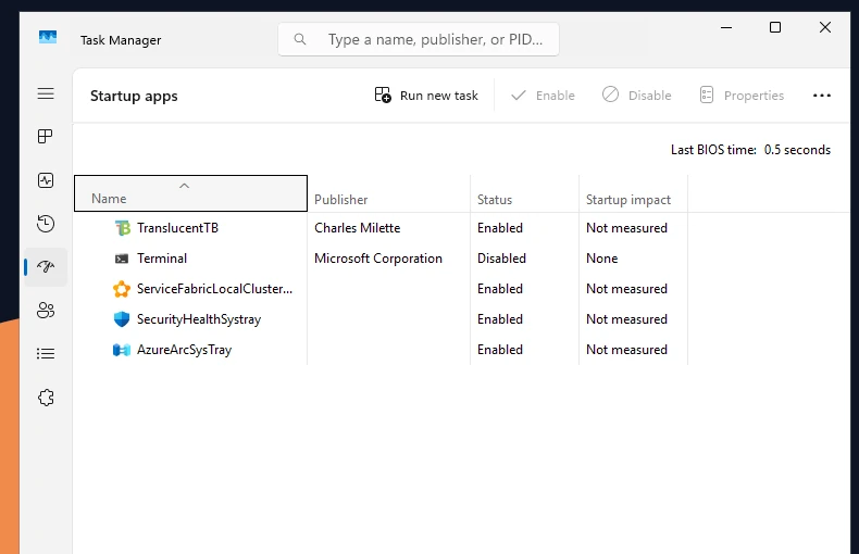 Task Manager › Startup apps: TranslucentTB by Charles Milette, Enabled.