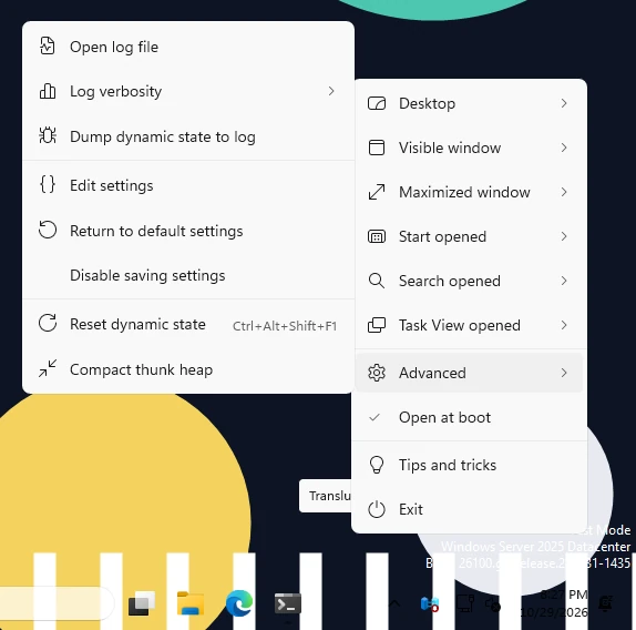 The real Advanced submenu, including Reset dynamic state with its Ctrl+Alt+Shift+F1 shortcut.