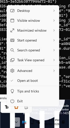 The real tray menu on Windows build 26100. There is no Battery saver item because the machine has no battery, and Open at boot is checked by default.