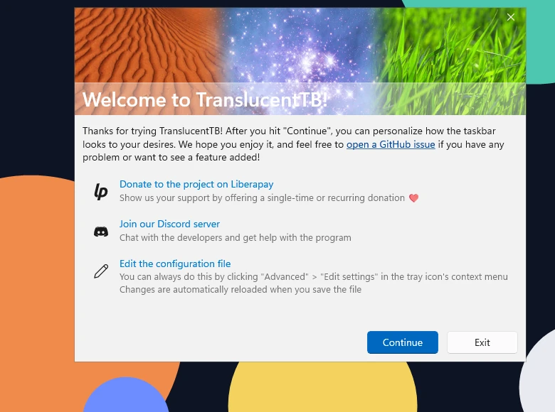 The first-run Welcome page of TranslucentTB 2026.2. Clicking Continue writes the default settings.json.