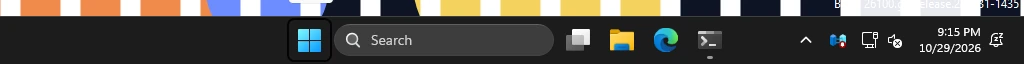 Real Windows taskbar: Windows' own taskbar in Dark mode with Transparency effects on.