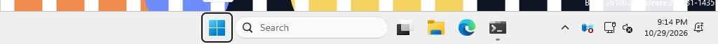 Real Windows taskbar: Windows' own taskbar in Light mode with Transparency effects on (build 26100, no TranslucentTB).
