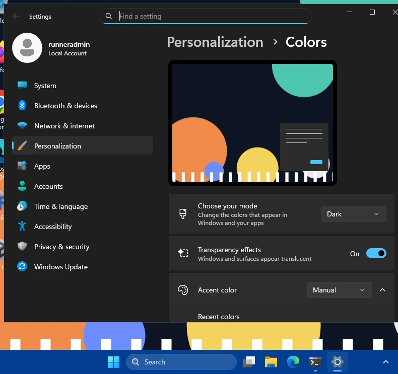 Settings › Personalization › Colors in Dark mode, with the accent color shown on the taskbar.