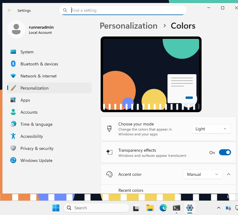 The same page in Light mode. Windows only offers the accent color on the taskbar when "Choose your mode" is Dark.